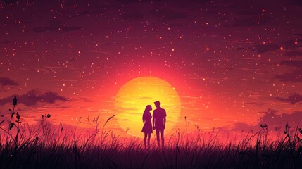 Silhouette Couple Romantic Sunset Grassland Sky