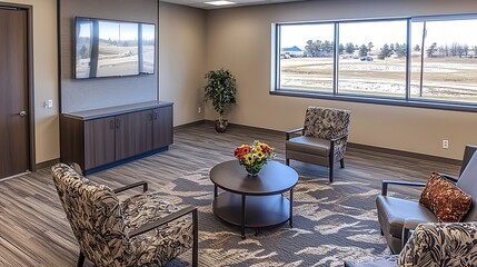 Modern waiting room with comfortable armchairs, a coffee table, and a large window offering a scenic view.