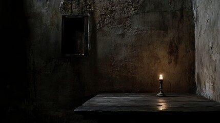 Eerie ambiance of a dimly lit room during a power outage, featuring a solitary flickering candle on a wooden table casting mysterious shadows on the walls