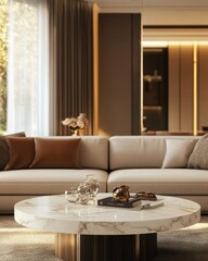 Modern living room with a stylish sofa and marble coffee table.
