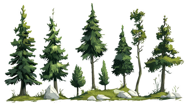 Collection of various tree species illustrated with rocks and grass in a natural setting