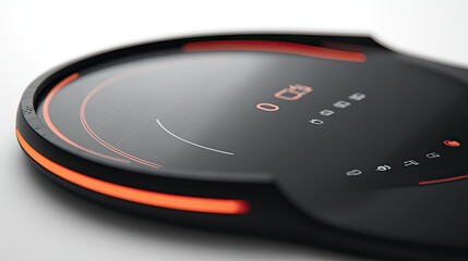 Close-up of a futuristic, circular device with an orange LED light and digital display showing zero.