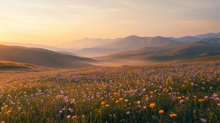 Fototapeta premium Serene Meadow Landscape at Sunrise with Colorful Wildflowers