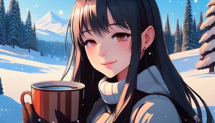 冬山の景色の中、コーヒーを飲む手袋をしたアニメ女性のイラスト。aiで生成