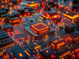 Obraz premium Close-up of a circuit board with glowing components and intricate details.