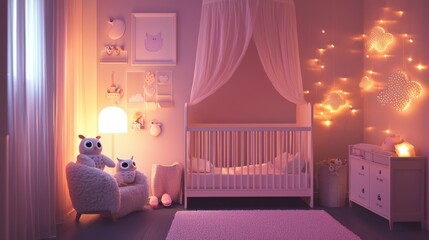 A cozy nursery bathed in soft pink tones, featuring a crib, owl plush toys, and gentle lighting that adds warmth to the room.