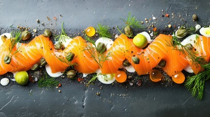 Freshly Prepared Salmon Slices with Herbs and Flavorful Garnish