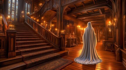 Obraz premium Mysterious Figure in Haunted Mansion Hallway
