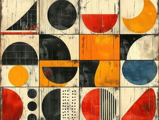 Abstract geometric artwork featuring bold shapes and vibrant colors.