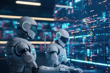 Two futuristic robots interacting with a digital interface.