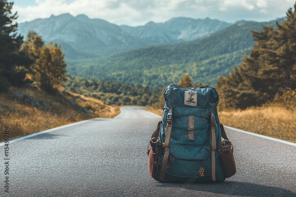 Poster Travelers backpack resting on an empty road surrounded by mountains in a peaceful setting. Generative AI