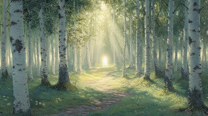 Obraz premium Serene Clearing in Birch Forest with Glowing Light