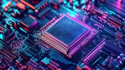 Obraz premium Close-up of a colorful microchip on a circuit board.