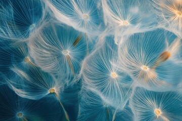 Dandelion seeds in sacred scatter, feather white and sky blue, breeze-blown light