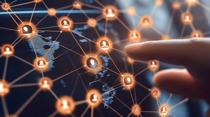 Network of connected people icons representing a social media web with a finger interacting with digital interface symbolizing global connection and user experience