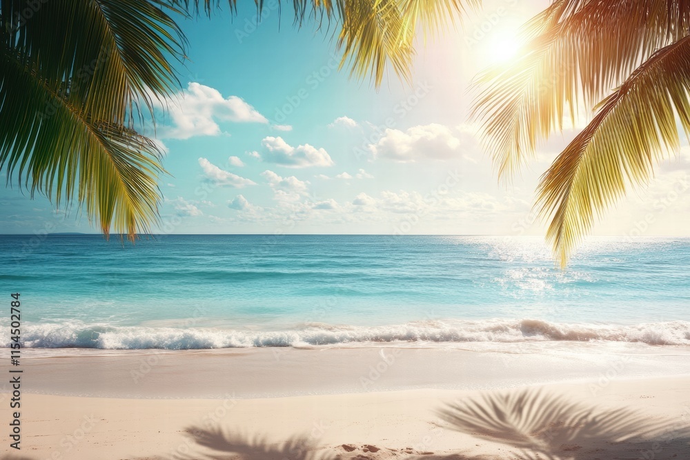 Poster sunny beach in miami with clear blue skies and gentle waves lapping at the shore during a beautiful 