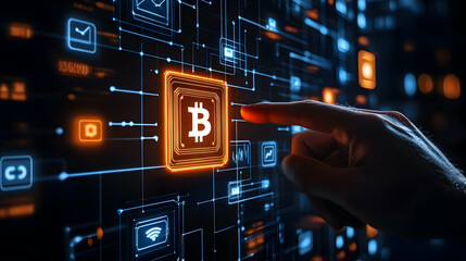 Hand interacts with glowing Bitcoin button on digital interface representing cryptocurrency technology