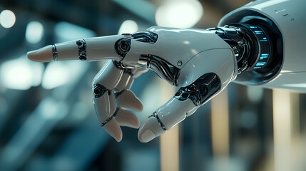 Close-up of a sophisticated robotic hand with a white metallic shell pointing its index finger in a blurred technological setting