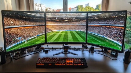 Immersive stadium view on triple monitor setup.