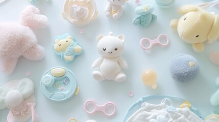 A flat lay of baby sleep essentials, including pacifiers and plush toys, surrounded by soft pastel colors, evoking a sense of calm and comfort.
