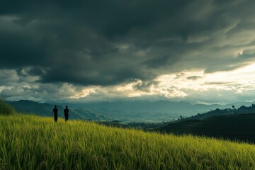 Diagonal composition of rice terraces with local farmers, monsoon clouds, documentary style