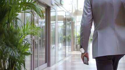 Fototapeta premium Man in suit walking through modern building hallway, holding phone.