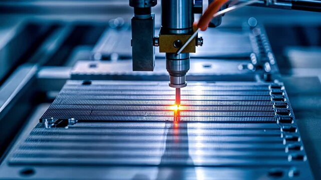A closeup image of an electrode assembly process showing the precise stacking of materials with robotic arms enhanced by bright work lights.