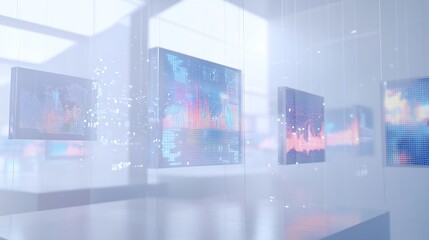 Data Visualization: Modern Digital Displays Showcase Financial Market Trends and Global Data