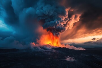 Dramatic perspective of volcanic landscapes with steam vents, moody clouds, geological photography