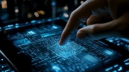 Close-up hand interacting with glowing futuristic digital interface displaying intricate circuitry and data patterns
