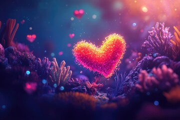 Fototapeta premium Glowing Heart in a Vibrant Underwater Scene
