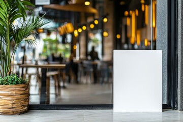 Obraz premium Elegant White Paper Mockup in a Vibrant Restaurant Setting with Soft Lighting for Marketing Designs