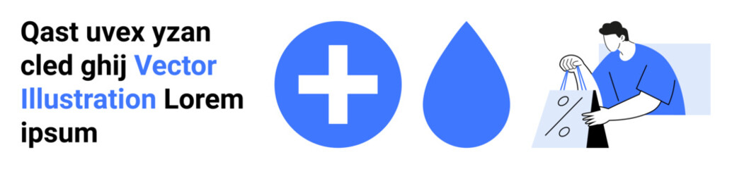 Fototapeta premium Man carrying shopping bags, blue health cross, and water drop. Ideal for health, hydration, shopping, daily life, wellness balance and lifestyle themes. Landing page