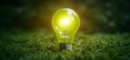 A glowing green light bulb on lush greenery symbolizes eco-friendly energy.
