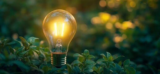 A glowing light bulb amidst lush greenery, symbolizing innovation and nature.