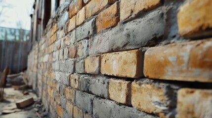 Bricks forming a wall under construction, mortar application in progress, 