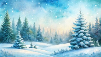 Obraz premium A watercolor painting depicting a serene winter scene with a snow-covered forest, sparkling with snowflakes under a sky filled with fluffy clouds.