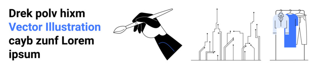 Hand holding a paintbrush, outline of a cityscape, clothes hanging on a line, and placeholder text. Ideal for marketing, art, creativity, urban development fashion web design and branding. Landing