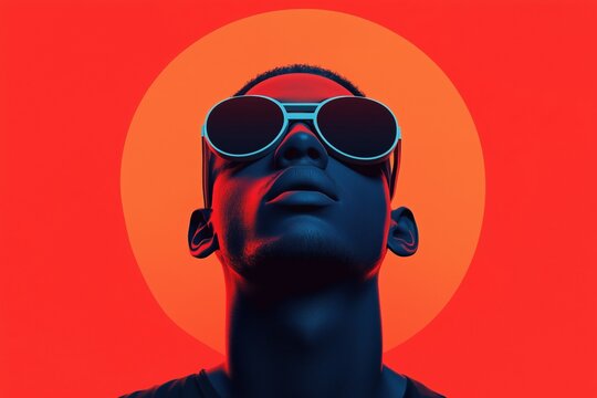 A striking modern portrait of a person wearing reflective sunglasses against a bold red background with minimalist lighting