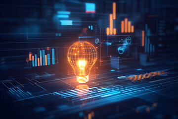 illuminated light bulb showcasing innovation creativity technology with futuristic data overlay for business intelligence and digital transformation concepts