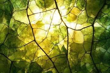 Forest canopy in leaf tessellation, canopy green and sunlight gold, filtered rays