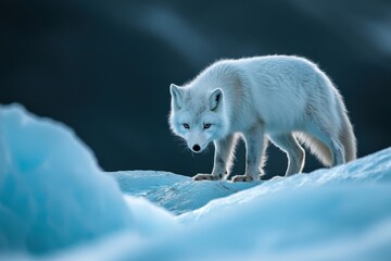 Fractional perspective of glacier patterns with arctic fox, blue ice lighting, polar photography