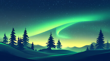 Naklejka premium Beautiful landscape of an aurora borealis, northern lights. Lodestar. Illustration