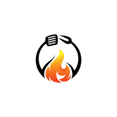 Barbecue logo with grill design restaurant, fire and cutlery logos