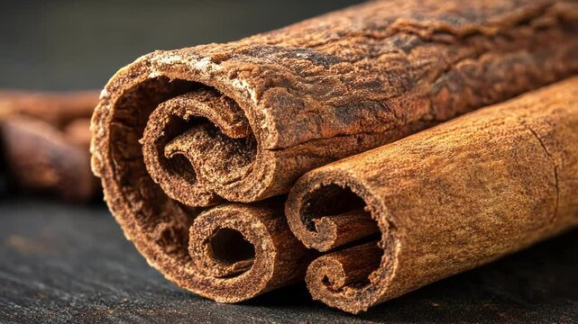 Cinnamon Bark Detail A detailed shot of a single piece of cinnamon bark showing its rough curled texture and deep color variations. The natural variations and lines create a