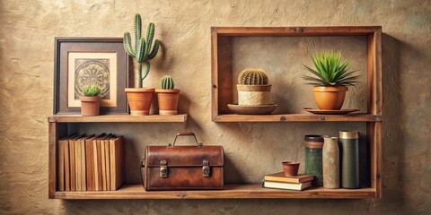 Rustic wooden shelves adorned with a collection of potted plants, vintage books, and a leather satchel, creating a warm and inviting ambiance