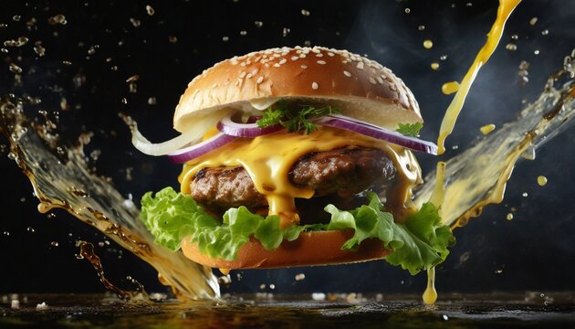 Flying cheeseburger hamburger flying in mid-air, with ingredients suspended against a sleek black background, delicious fast food concept