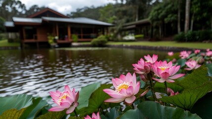 Serene Lotus Pond at a Tranquil Wooden House