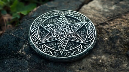 A shimmering silver pentacle with intricate designs, symbolizing Wicca and spirituality