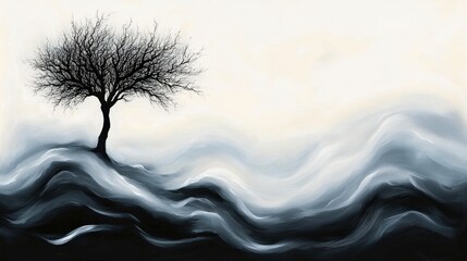Abstract landscape art with solitary tree, flowing monochrome waves, serene minimalist design, black and white aesthetic, nature-inspired creative painting